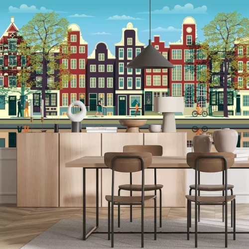 Sticker  A street in Amsterdam with traditional buildings, walking people, trees and reflections in the water