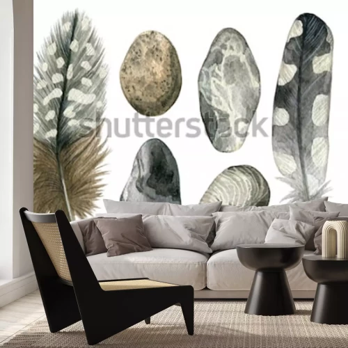 Sticker  Ensemble d'aquarelle dessinés à la main de plumes d'oiseau gris et de galets. Collection de boho coloré isolé sur fond blanc