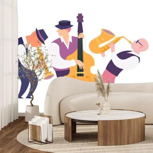 Sticker  Cartoon jazz musicians group vector illustration: contrabassist, saxophone and clarinet. People characters playing on musical instruments. Isolated on white background
