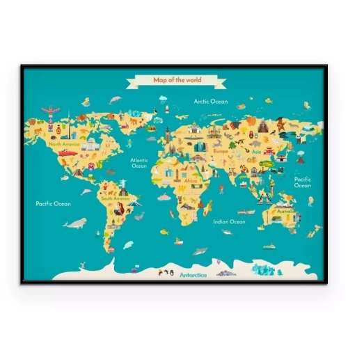 Poster  Une carte du monde dessinée avec des animaux et des monuments nationaux.