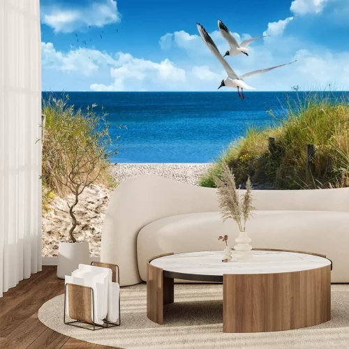 Papier peint  Couple de mouettes survolant une plage