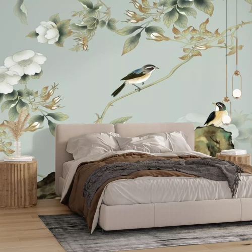 Papier peint  Oiseaux assis sur des branches avec des fleurs blanches