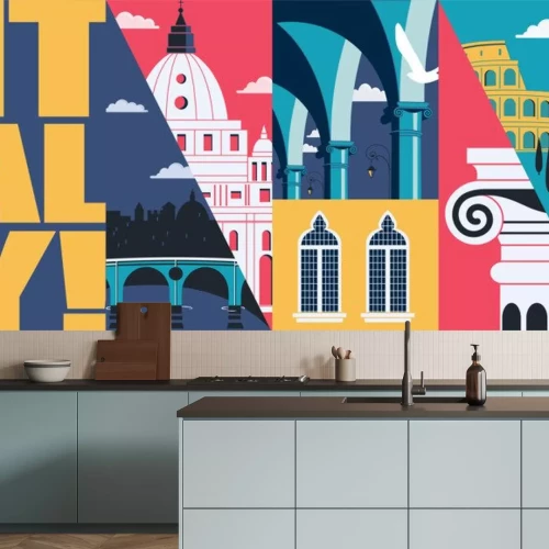 Sticker  Italy vector skyline illustration, postcard. Travel to Italy, Rome