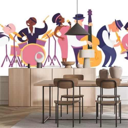 Sticker  Jazz band vector colorful illustration. Cartoon jazz musicians set: contrabassist, saxophone, drum, clarinet, banjo player and singer. Isolated on white background