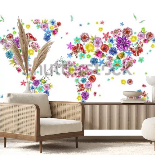 Sticker  Illustration aquarelle de la carte du monde en fleurs