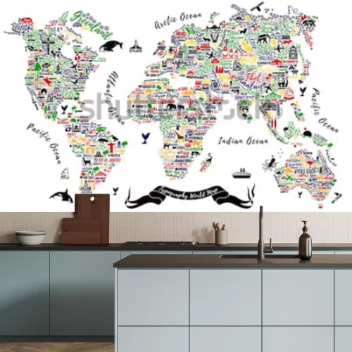 Sticker  Carte du monde de typographie. Affiche de voyage avec des villes et des attractions touristiques. Illustration vectorielle inspirante.