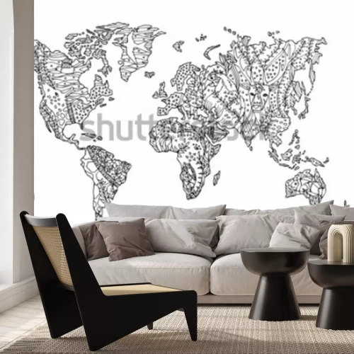 Sticker  monde carte animal sauvage faune fleur floral dessin design illustration vectorielle dessinés à la main