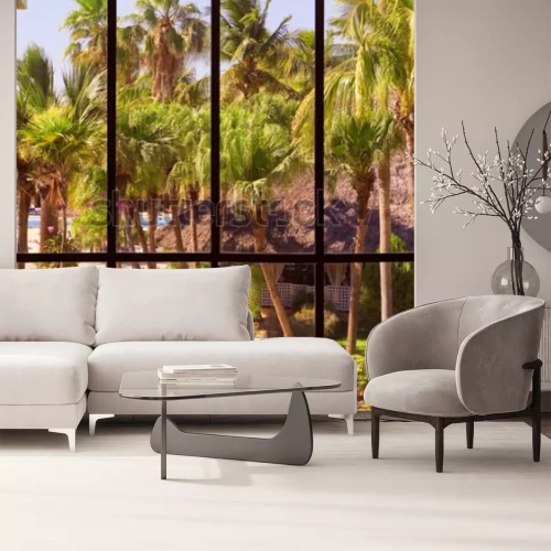 Papier peint  Fenêtre donnant sur des palmiers tropicaux