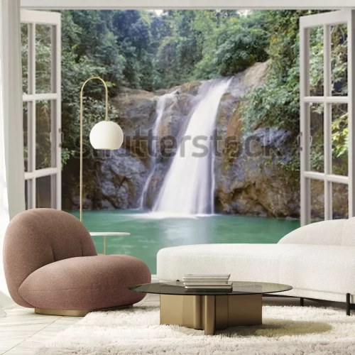 Papier peint  Une cascade dans une forêt tropicale encadrée par une fenêtre