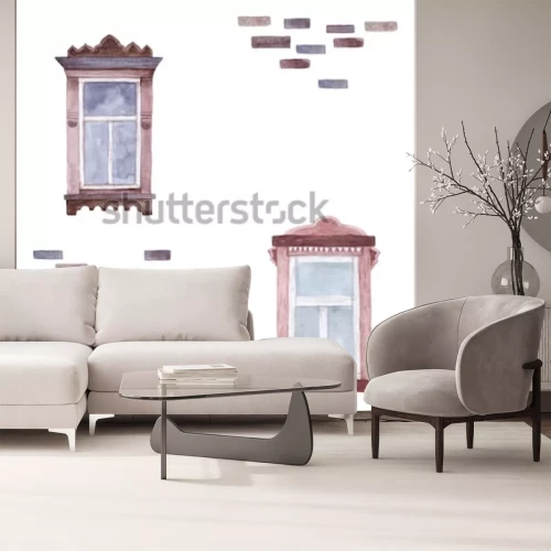 Papier peint  Fenêtres et briques version aquarelle