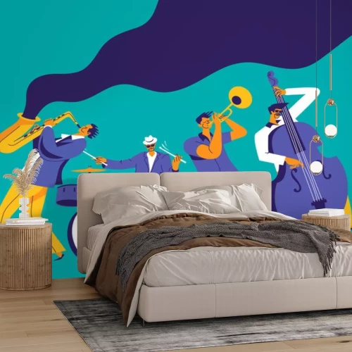 Sticker  Jazz quartet. Funky musicians with saxophone, trumpet, drums and bass. Modern flat colors illustration.