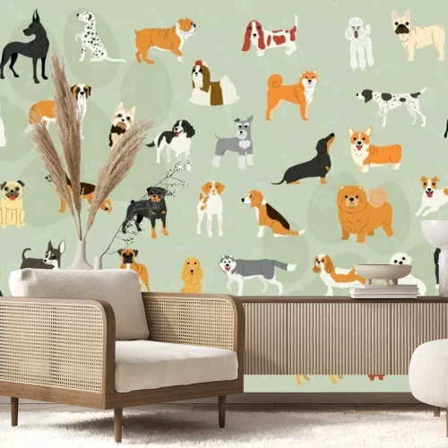 Papier peint  Chiens de races diverses sur fond vert