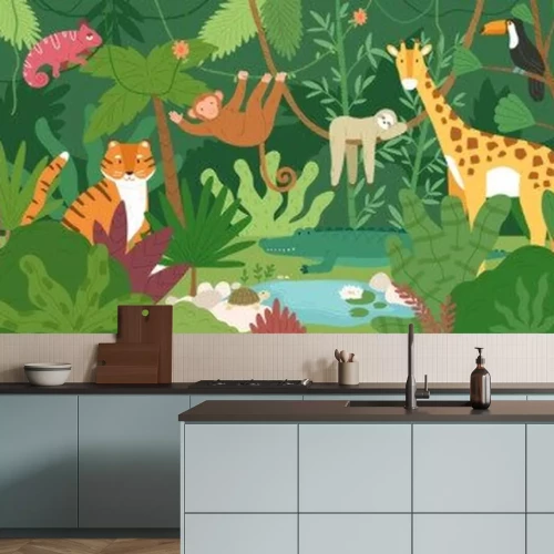 Sticker  Adorable exotic animals in tropical forest or rainforest full of palm trees and lianas. Flora and fauna of tropics. Cute funny inhabitants of African jungle. Flat cartoon colorful vector illustration.