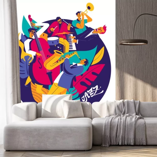 Sticker  Summer jazz music festival poster. Multiple musicians composition on abstract floral background. Modern flat colors illustration. 