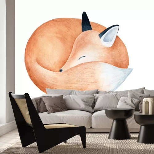 Sticker  Cute fluffy sleeping fox character watercolor illustration. Symbol of cleverness, intelligence, charm, beauty, protection. Handdrawn water color graphic drawing, cutout element for design decoration.