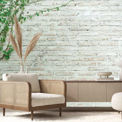 Papier peint  Lierre sur un mur de brique beige