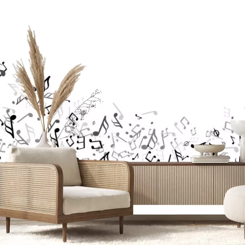 Sticker  Music notes swirl. Wave with notes musical stave key harmony, symphony melody flowing music staff treble clef vector background