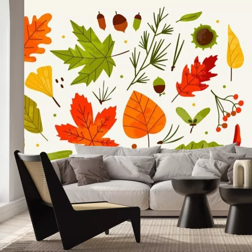 Sticker  Hand drawn big vector set of various autumn leaves, rowan, acorn and chestnut. Colored trendy illustration. Flat design. Stamp texture. All elements are isolated