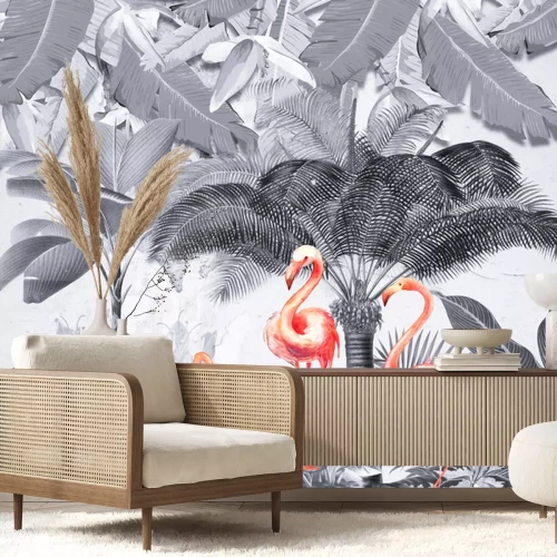 Sticker  Flamants roses colorés sur fond gris