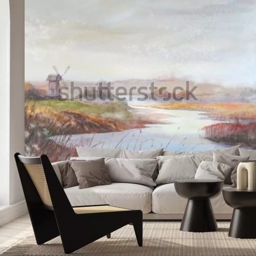 Papier peint  Rivière et champs de style vintage