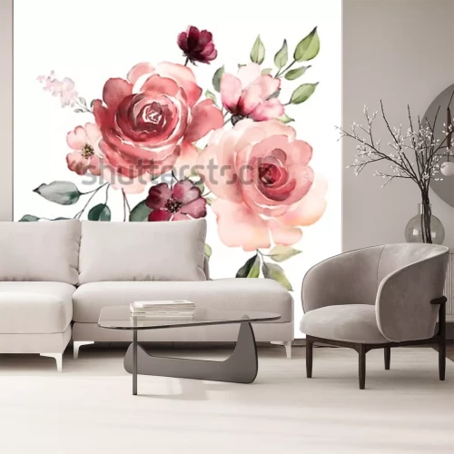 Papier peint  Bouquet de roses et feuilles aquarelle