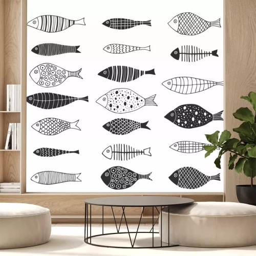 Sticker  Set of hand drawn doodle fishes for kids design. Scandinavian outline style. Vector isolated illustration.