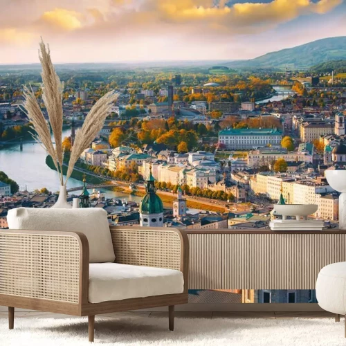 Papier peint  Beautiful of Aerial panoramic view in a Autumn season at a historic city of Salzburg with Salzach river in beautiful golden evening light sky and colorful of autumn at sunset, Salzburger Land, Austria