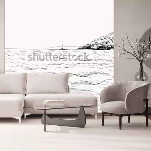 Sticker  Croquis de paysage marin été vecteur. Vue mer et montagne