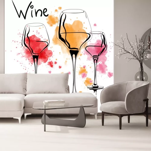 Sticker  A set of vector and watercolor drawings of glass of rose, red, and white wine with splashes of paint, on white background