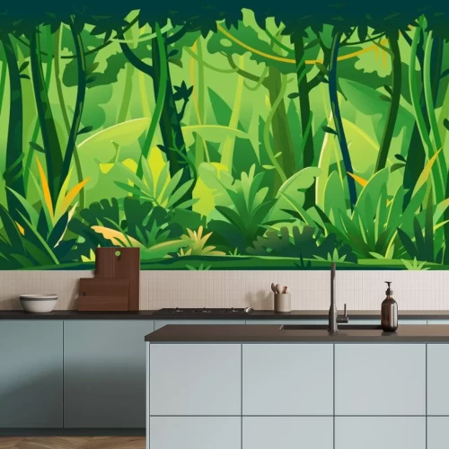 Sticker  Wild jungle forest with trees, bushes and lianas, nature landscape with green jungle foliage and exotic plants growing on ground, horizontal banner with tropical plants on sunny day