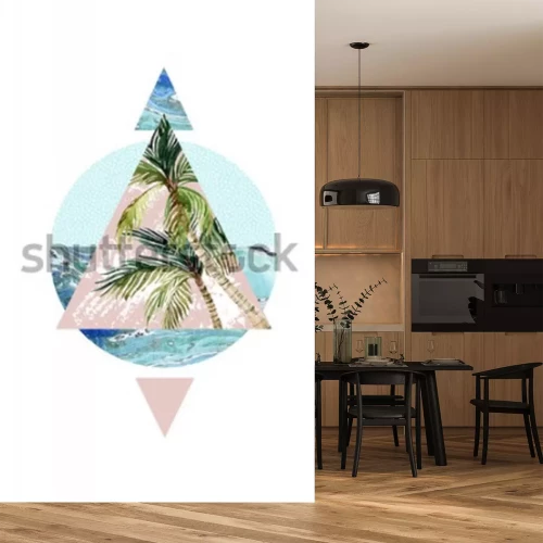 Sticker  Abstrait l'été. Triangle, cercle, palmier aquarelle, feuille, textures grunge de marbre. Conception géométrique pour t-shirt, flyer, affiche rétro 80s et 90s. Illustration de plage d'été peint