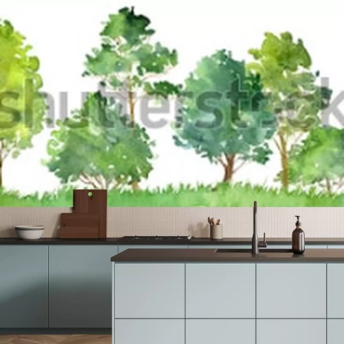 Sticker  paysage aquarelle avec arbres à feuilles caduques, pins, arbustes et herbe, modèle sans couture, fond de nature abstraite, bordure de forêt, illustration dessinée à la main