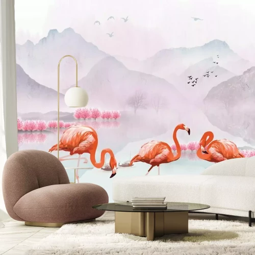 Papier peint  Landscape illustration, hills, flock of birds in the air, pink trees, a pair of swans in the lake, three flamingos in the foreground