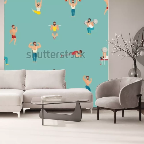 Sticker  Modèle de vecteur sport et gym. Main dessiner toile de fond avec illustration de l'homme musclé, barbu. Arrière-plan transparent de dessin animé. Papier peint avec des modèles de fitness, pose, mu