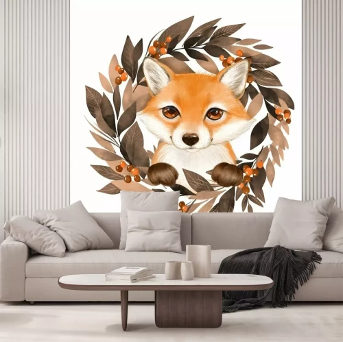 Sticker  Cute cartoon fox with autumn wreath isolated on white