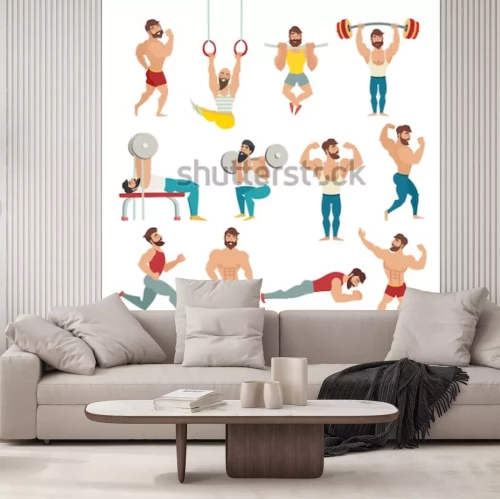 Sticker  Ensemble de musclé, barbu mans illustration vectorielle. Modèles de fitness, pose, musculation. Les sportifs dans la salle de sport. Anneaux de gymnastique, en cours d'exécution. Vecteur isolé, fo