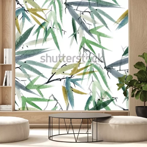 Sticker  Illustration aquarelle et encre de bambou dans le style sumi-e, u-sin. Peinture traditionnelle orientale. Modèle sans couture.