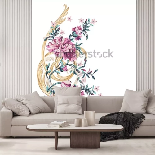 Sticker  fleurs décoratives avec motif barocco sur fond blanc