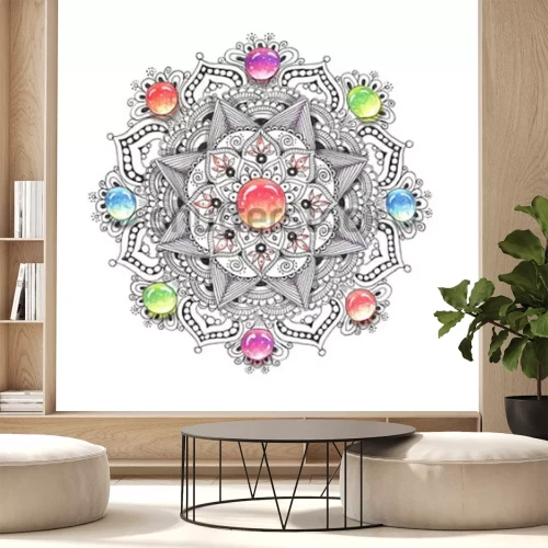 Sticker  Mandala aquarelle coloré avec des pierres précieuses. Beau motif rond vintage. Abstrait dessiné à la main. Invitation, impression de t-shirt, carte de mariage. Décor pour votre conception de style ori