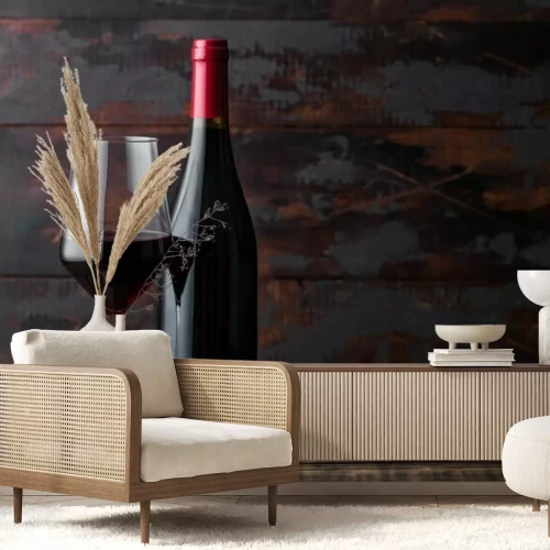 Papier peint  Verre à vin et bouteille sur un fond en bois
