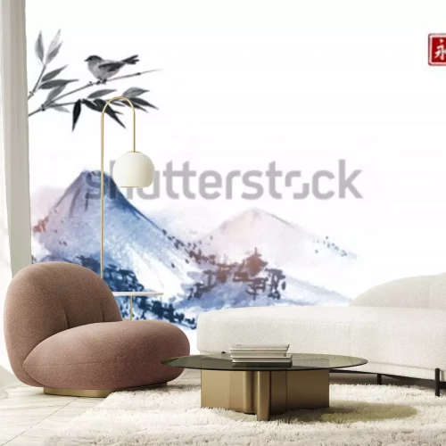 Sticker  Montagnes et petit oiseau sur une branche de bambou. Hiéroglyphe - éternité. Peinture à l'encre orientale traditionnelle sumi-e, u-sin, go-hua.