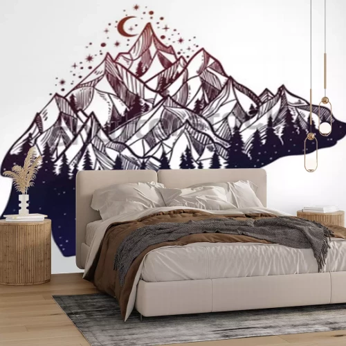 Sticker  Paysage de montagne forêt ours et nuit, double exposition, art de tatouage de la faune, style fantastique. Illustration de vecteur isolé
