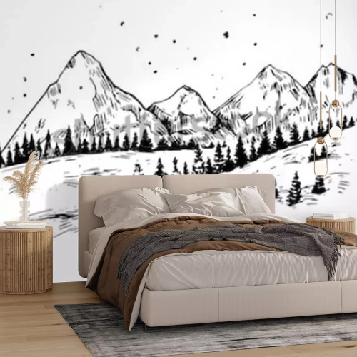 Sticker  Fond d'hiver avec les montagnes, la neige et les arbres. Illustration dessinée à la main convertie en vecteur.