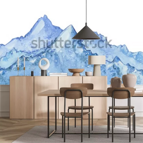 Sticker  pic aquatique bleu hiver enneigé. Illustration d'hiver dessinés à la main sur fond blanc.