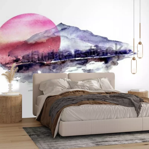 Sticker  Aquarelle paysage de montagne, montagnes bleues, pourpres, pic, silhouette de la forêt, reflet dans la rivière, soleil coucher de soleil rouge. Sur fond isolé blanc. Sur fond isolé blanc.