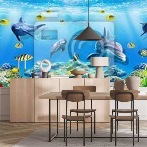 Papier peint  3d illustration  wallpaper under sea dolphin, Fish, Tortoise, Coral reefsand water with broken wall bricks background. will visually expand the space in a small room, bring more light and become an ac