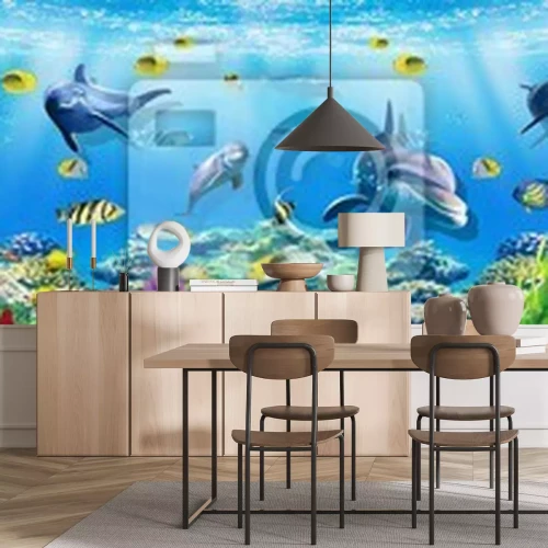 Sticker  3d illustration  wallpaper under sea dolphin, Fish, Tortoise, Coral reefsand water with broken wall bricks background. will visually expand the space in a small room, bring more light and become an ac