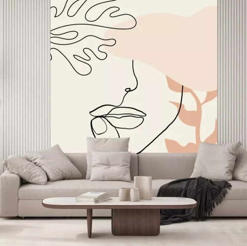 Papier peint  Portrait de femme dessin au trait motifs roses