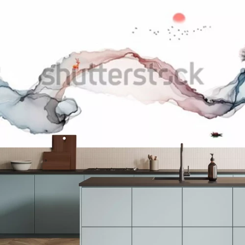 Sticker  Peinture à l'encre, paysage artistique, fond de lignes abstraites