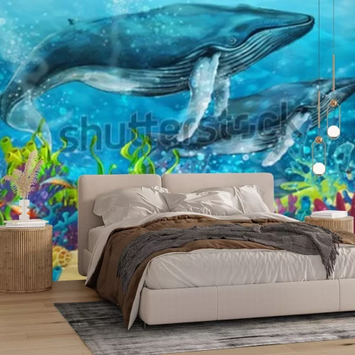 Papier peint  Récif corallien coloré poissons et baleines paysage sous-marin féerique